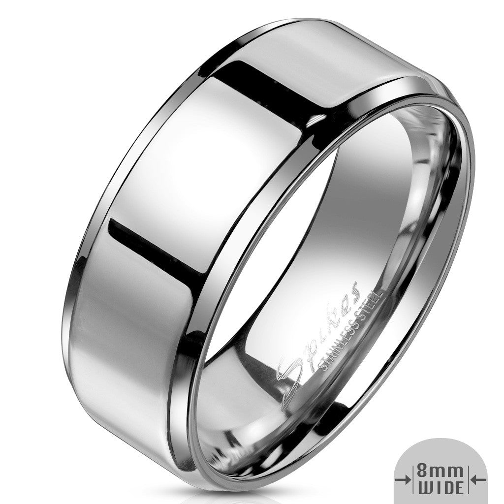 ARM0006 Stainless Steel Mirror Polished Flat Band with Beveled Edge 4-8mm Width Sz 5-14